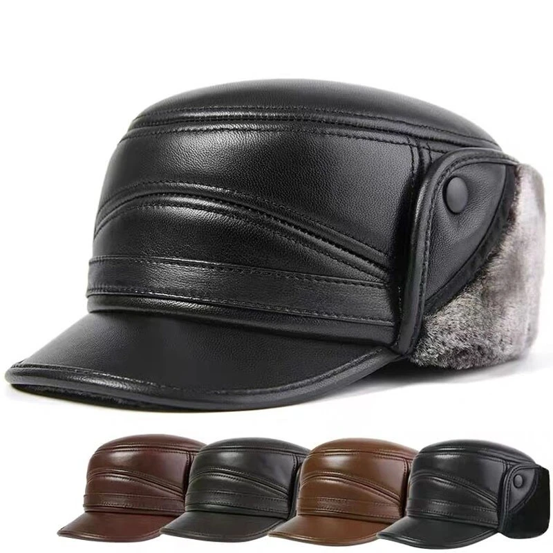 

Winter Men's Genuine Leather Hat Thicken Leather Cowhide Baseball Caps With Warm Dad's Hats Sombrero De Cuero Del Hombre Super