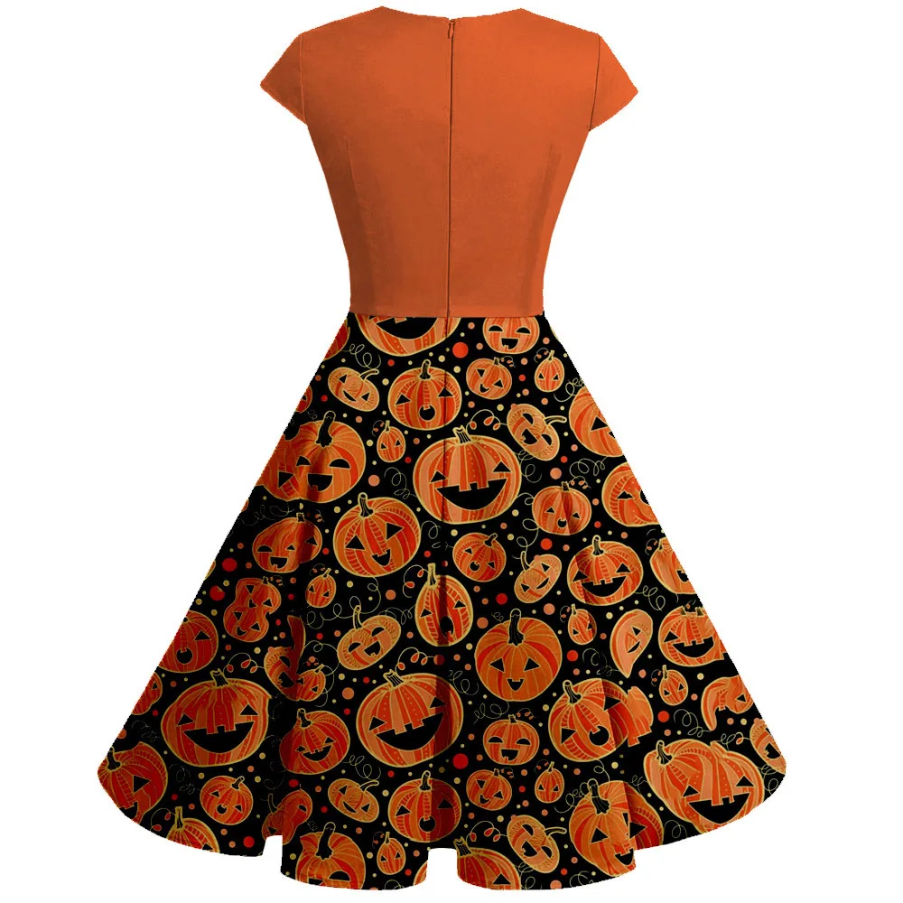 

50s 60s Retro Vintage Rockabilly Dress Halloween Pumpkin Print Short Sleeve A Line Striped Plus Size Patchwork Short Party Jurk
