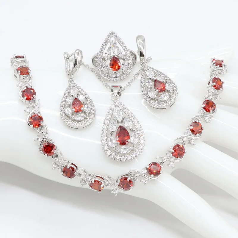 Модные Ювелирные наборы для женщин серебряный цвет красные камни ожерелье