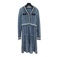 2022 autumn winter womens v neck houndstooth knitted dress party long sleeve elegant ladies dresses casual