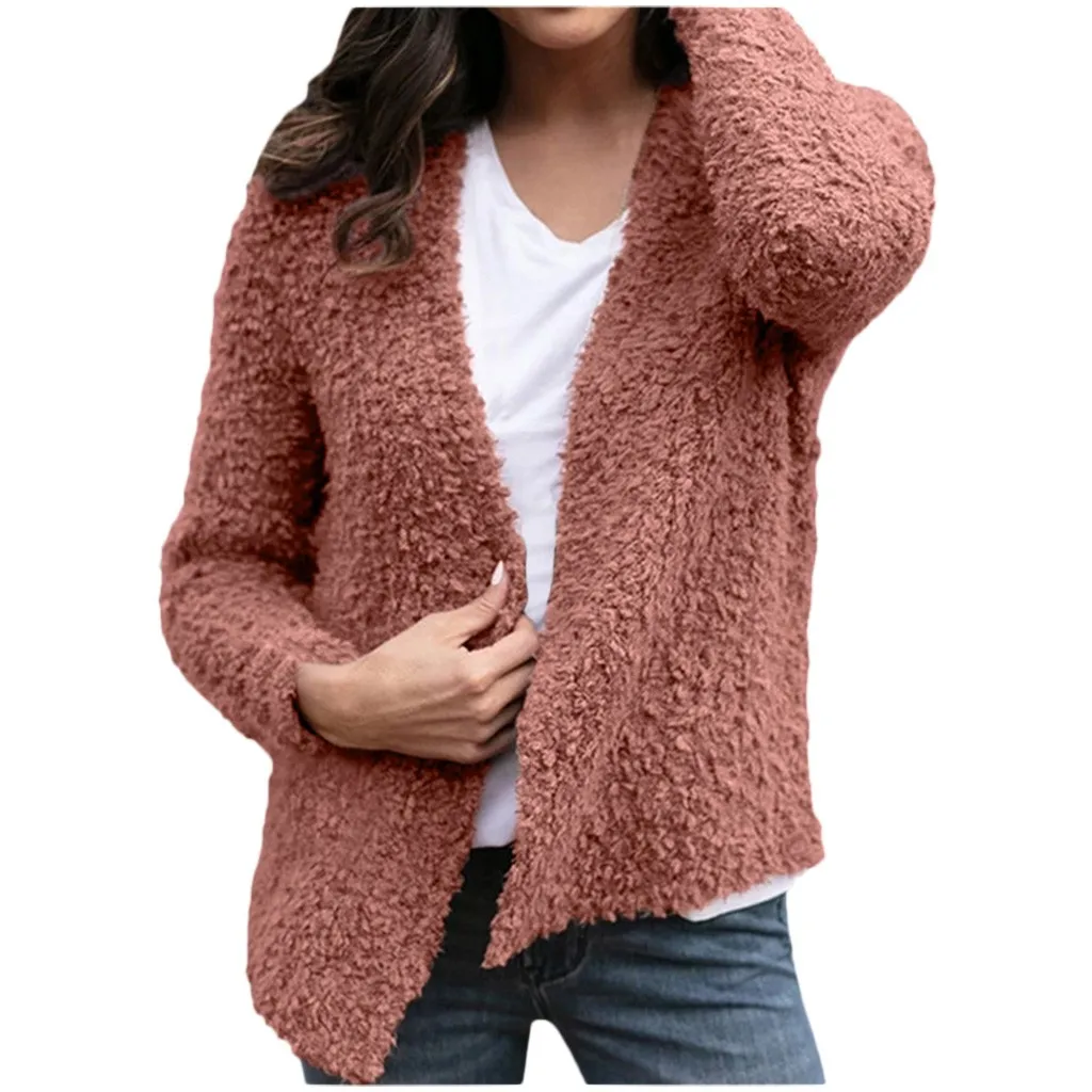 Женское теплое однотонное короткое пальто с открытой передней частью осенне