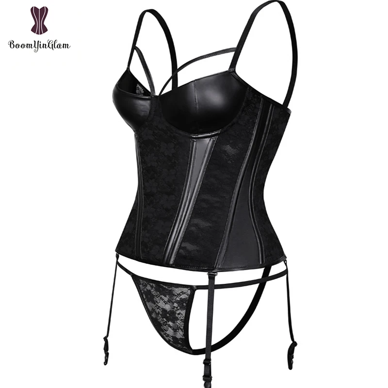 Женский сексуальный готический корсет из искусственной кожи кружевной черное