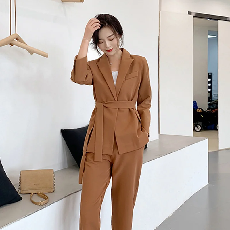 Caramel pants suit New Arrival Women Notched Long Sleeve Blazer With Belt Straight Long Pants 2 Piece Set Female Caramel Casual Pants Suit S98302F - Цвет: Caramel pants suit
