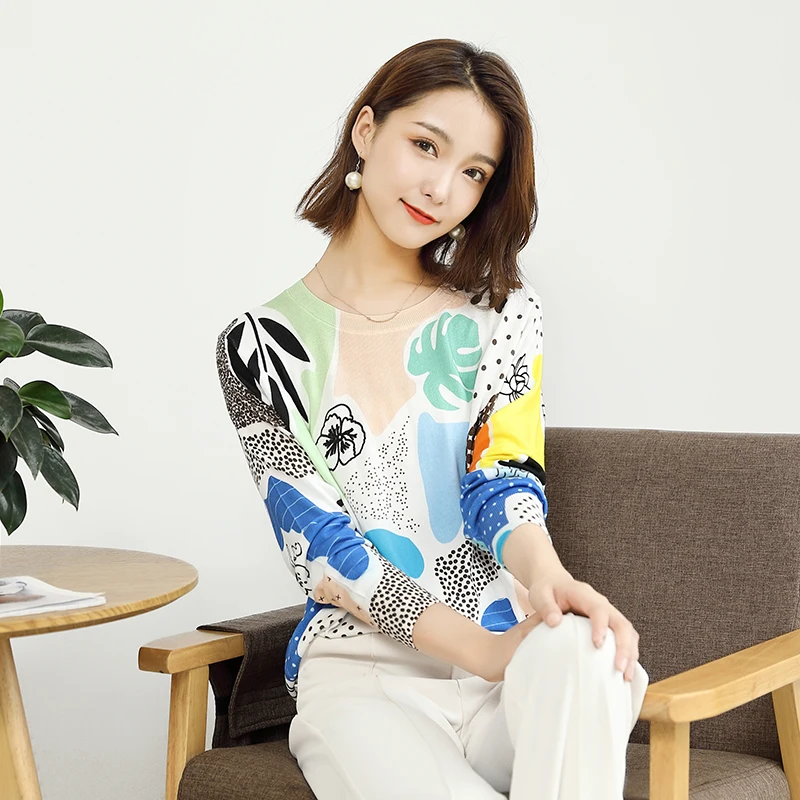 

2021 New Women Sweater Printed Knitted Autumn Winter Loose Top O-Neck Long Sleeve Pullovers Wool Soft Cotton Sweaters