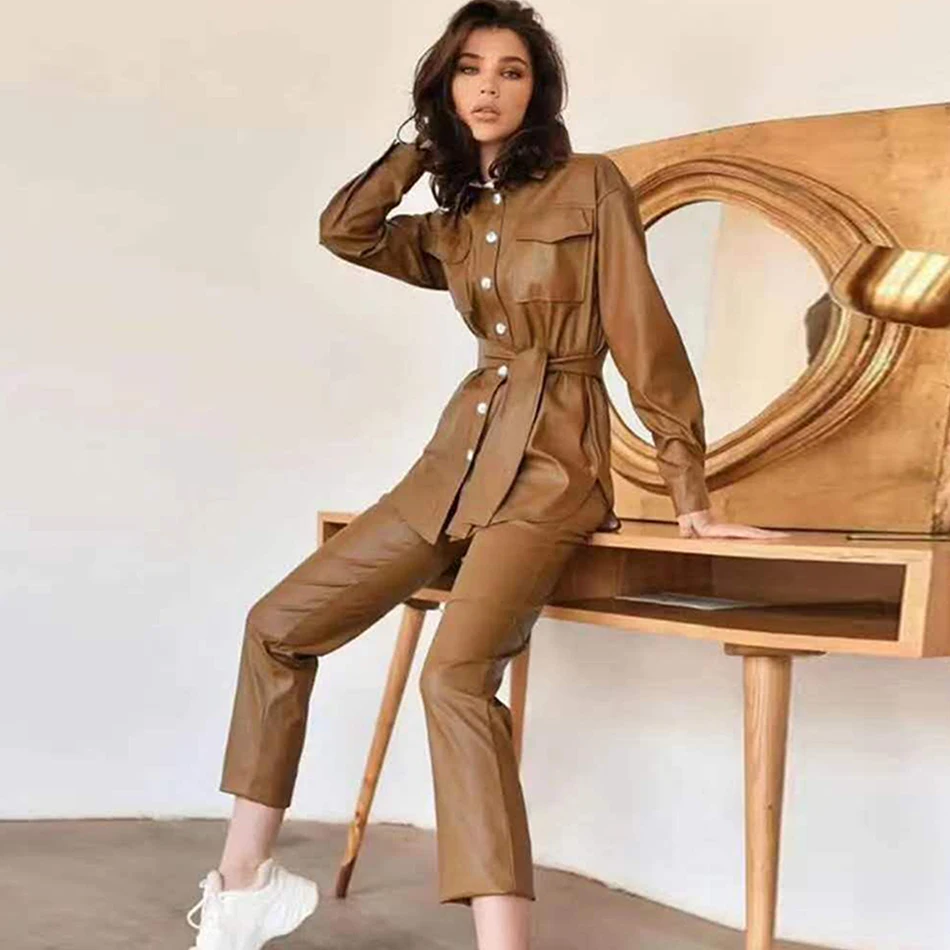 Повседневный Кожаный Женский комплект куртка с ремнем + штаны из двух предметов