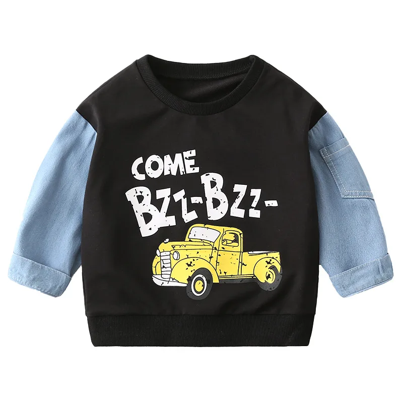

Cute Boys Tshirts Long Sleeve Shirt Cotton Denim Sleeve Spliced Cute Car Pattern Children's Tops Tees Kids Clothes