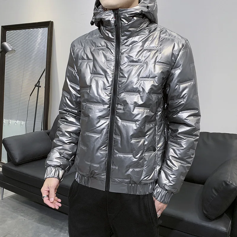 

Men Winter Down Jacket Men Hooded Warm Glossy Slim Coat Fashion Parka Black Silver Waterproof Thick Windbreaker Jacket