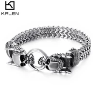 kalen gothic halloween 23cm chunky mesh chain bracelet for men punk skull charm bracelet stainless steel skeleton accessories j