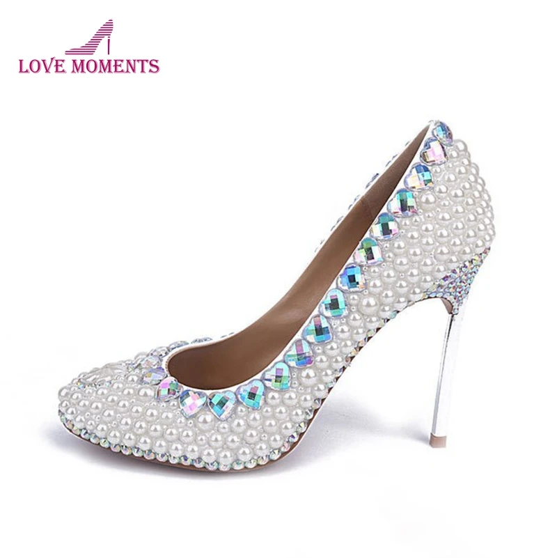 Пикантные свадебные туфли на шпильке белые жемчужные стразы Вечерние высоком