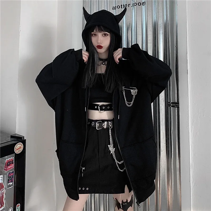 

GothGotik Gothic Hoodie For Women Zip Up Jacket Devil Ears Oversized Sweatshirt 2021 Autumn Winter Casual Streetwear