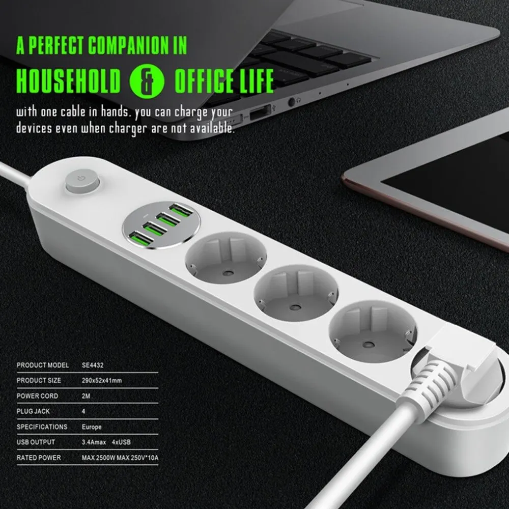 Сетевой фильтр электрический удлинитель переноска адаптер на 4 розетки USB 3.4A 17W