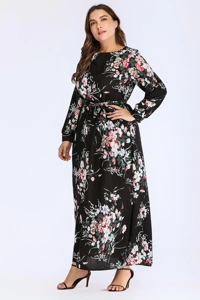 Женское длинное платье макси с цветочным принтом Abaya коктейльное круглым вырезом