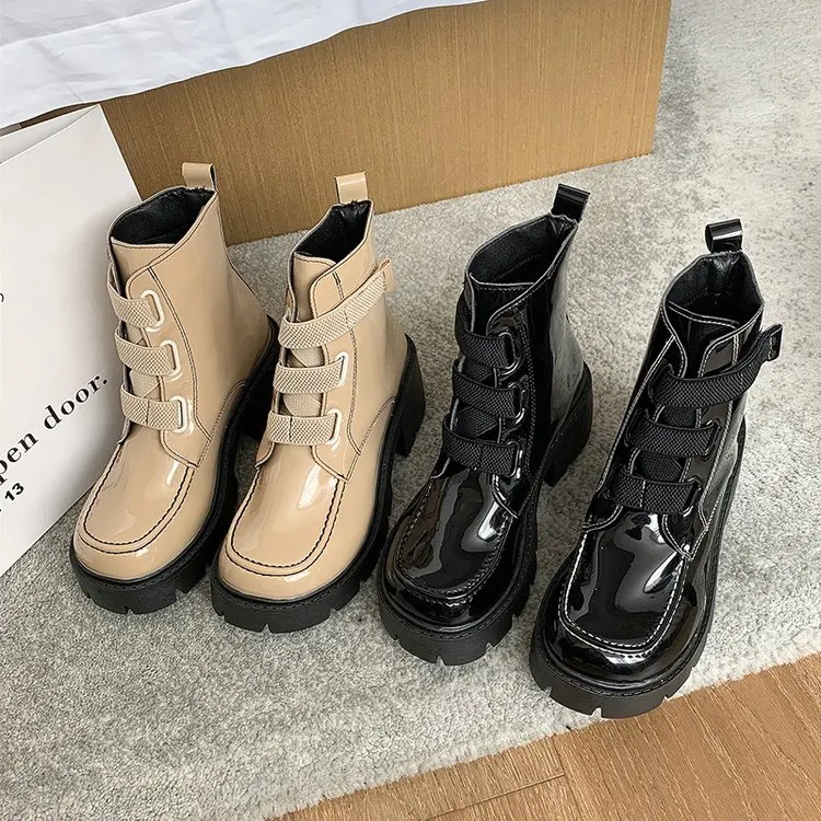

2021 New Combat Patent Leather Boots Women Lace Up Gothic Black Platform Leather Ankle Boots Women Shoes Botas Mujer