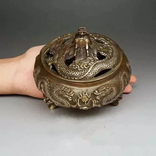 Chinese handmade antique bronze zodiac 5 dragons Tap the lid Incense Burner censer | Burners