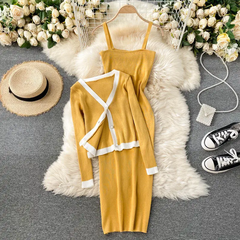 

Трикотажный костюм с платьем, новинка 2021, женский кардиган, жакет, подходящее ко всему платье на бретелях, нежный комплект из двух предметов,...