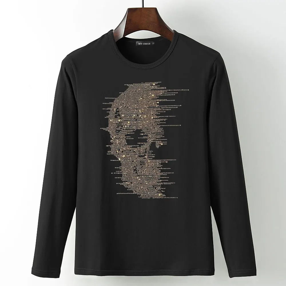 T005-O-Black Новые футболки с черепом и бриллиантами, тянущаяся хлопковая футболка с длинными рукавами, готический стиль, мужская Высококачественная футболка большого размера 5XL со стразами - Цвет: T005-O-Black
