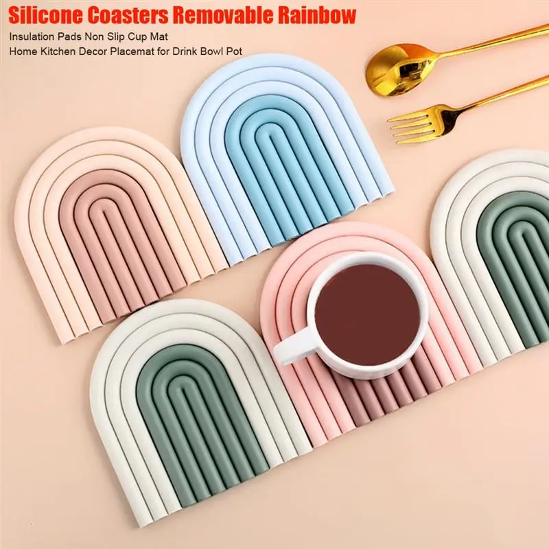 

Silicone Coasters Removable Rainbow Insulation Pads Non Slip Cup Mat Home Kitchen Decor Placemat For Drink Bowl Pot Green