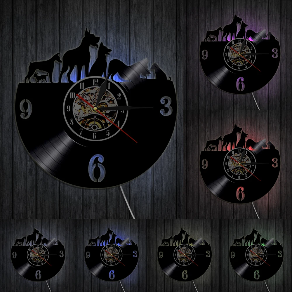 

Pet Shop Dogs Wall Clock Made From Vinyl Record Vintage Puppy Home Decor Modern Black Wall Clock Gift For Dog Pet Owners