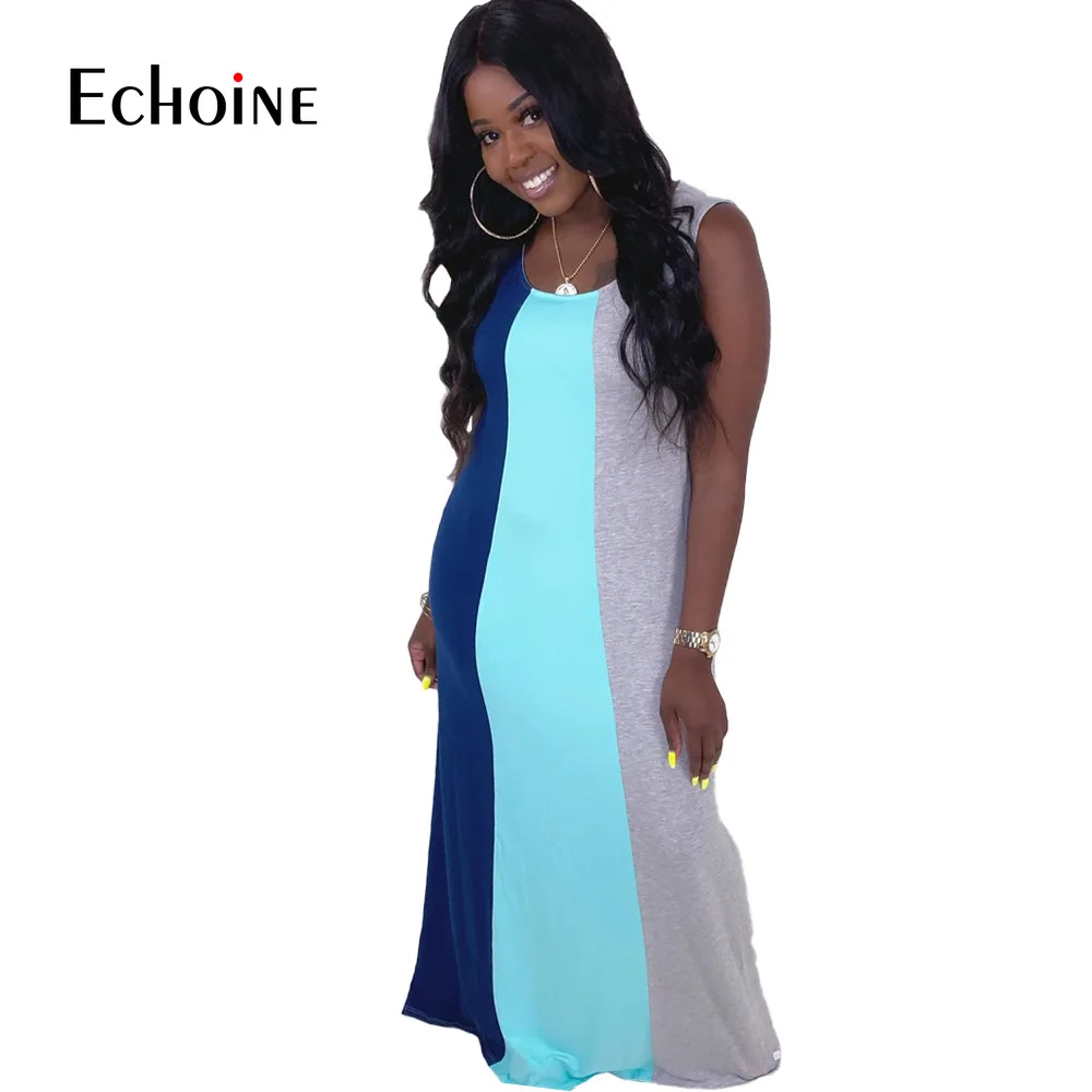 Женское длинное платье в полоску без рукавов с круглым вырезом|Женские платья| |