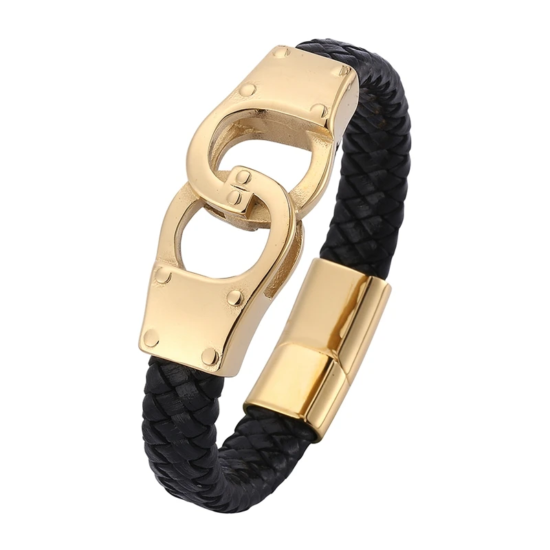 

Black Genuine Leather Vintage Braided Cuff Bracelet Trendy Handcuffs Stainless Steel Men Bracelets Bangles Punk Jewelry PD0763
