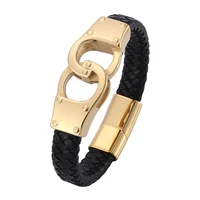 black genuine leather vintage braided cuff bracelet trendy handcuffs stainless steel men bracelets bangles punk jewelry pd0763