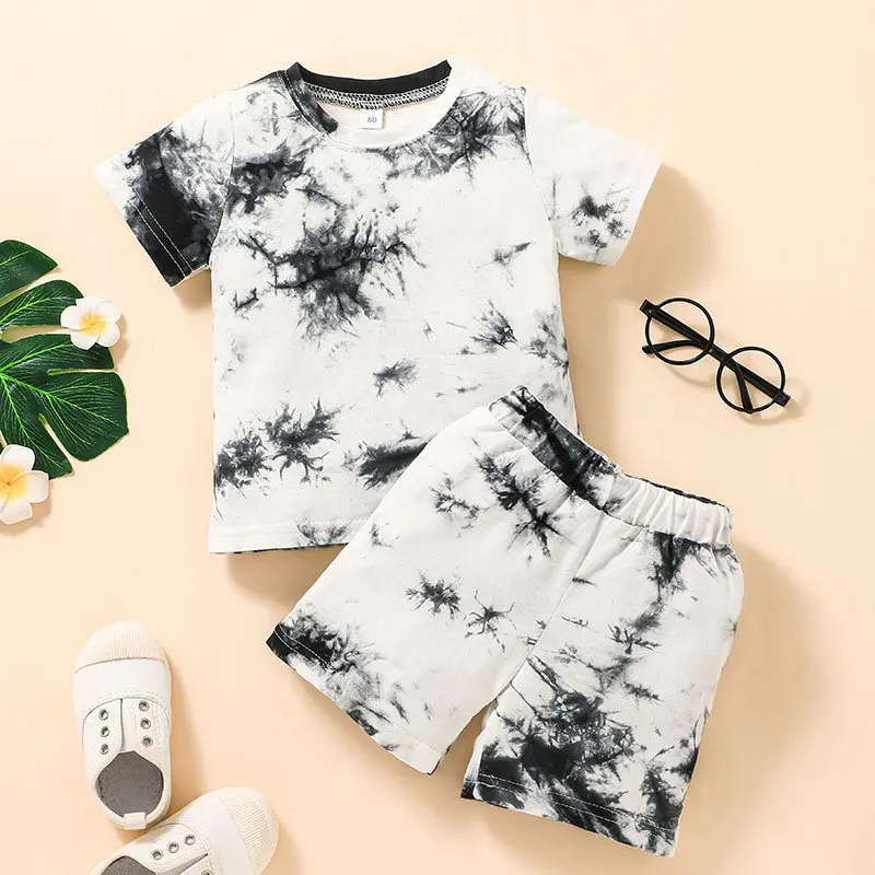 

2022 Summer Children Sets Short Sleeve O Neck Tie-dye T-shirt Black Shorts 2Pcs Roupa Infantil Menina Clothes Sets 18M-6T