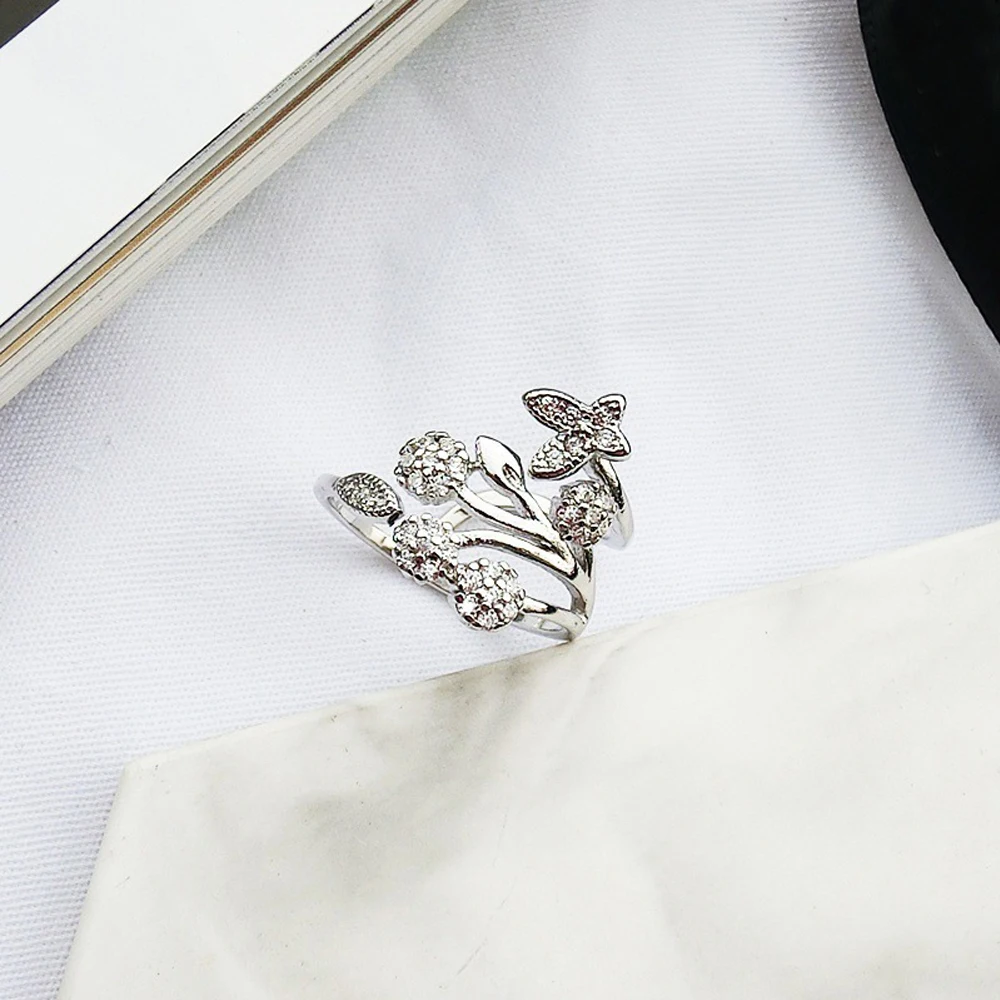 

Korean Luxury Crystal Wedding Rings Handmade Butterfly Tree Leaf Rings for Women Exquisite CZ Stone Adjustable Open Ring Jewelry