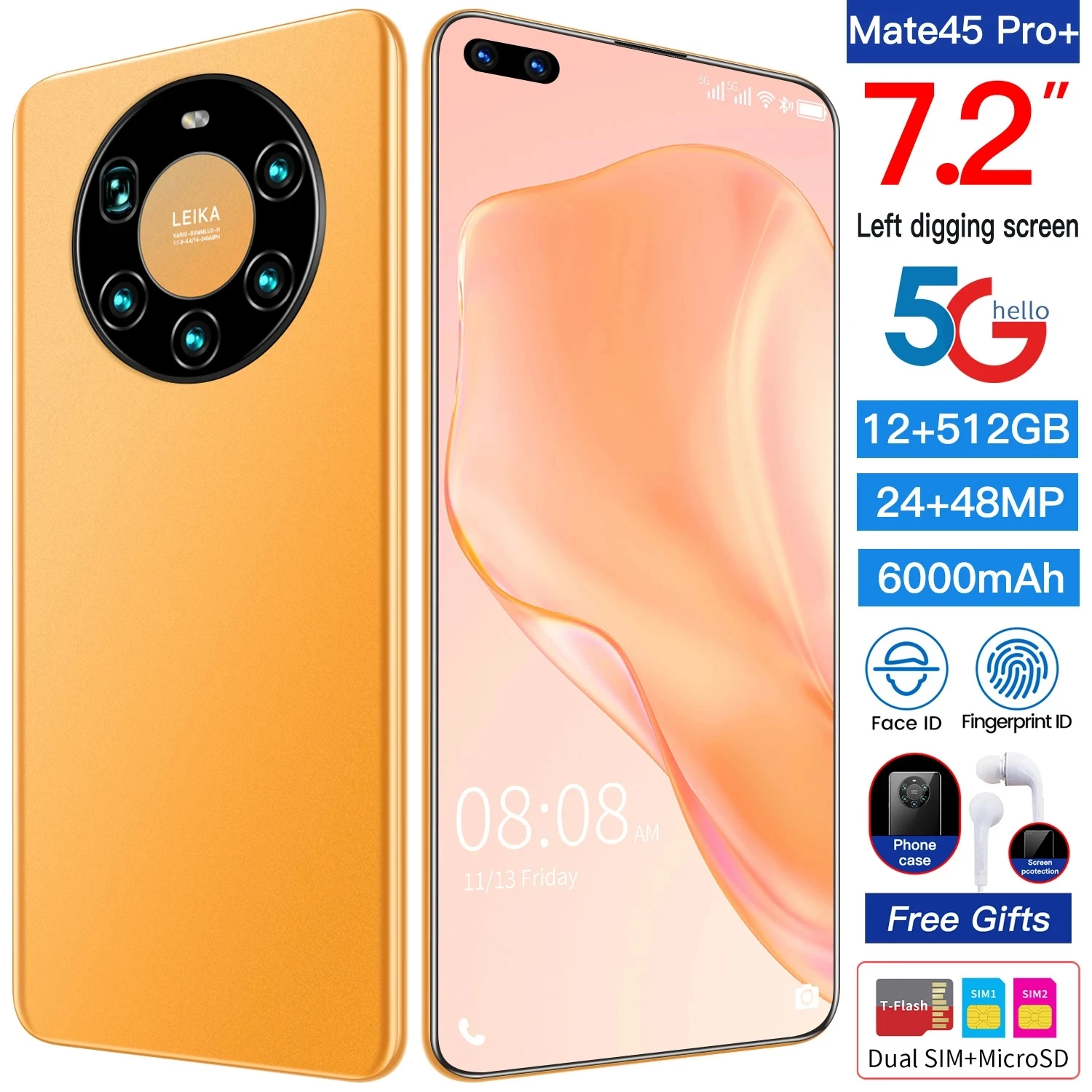

Global Version 7.2In Mate45 Pro+ 4G 5G Smartphone Octa Core 6000mAh Full Screen 12+512G Networkphone with Face Unlock Cellphone