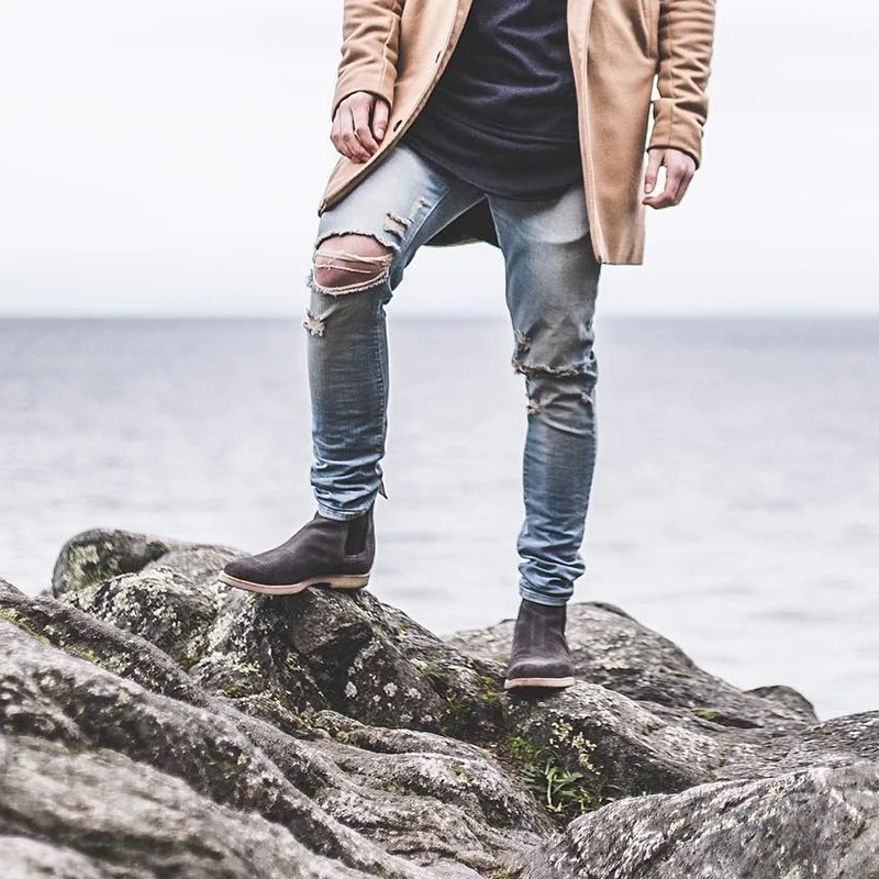

Knee Hole Distressed Frayed Washed Jeans for Men Streetwear Straight Retro Loose Caual Denim Trousers Oversize Blue Pencil Pants