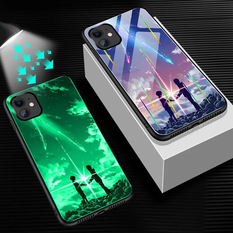 NAME Чехол из закаленного стекла для Iphone 11 Pro XS Max XR X Чехол светящийся противоударный мультяшный чехол для Iphone 11 8 7 Plus 6 6s Plus чехол - Цвет: NAME
