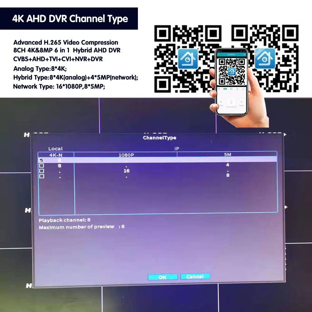 NINIVISION 8CH 4K AHD DVR AI H.265 Гибридный 8-мегапиксельный цифровой видеорегистратор NVR для