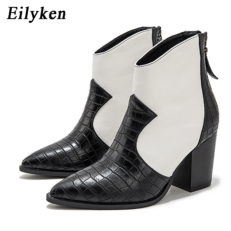 Black White Eilyken/зимние ботинки модная обувь из искусственной кожи на высоком каблуке с острым носком женские разноцветные ботинки на молнии и квадратном каблуке размеры 36-43 - Цвет: Black White
