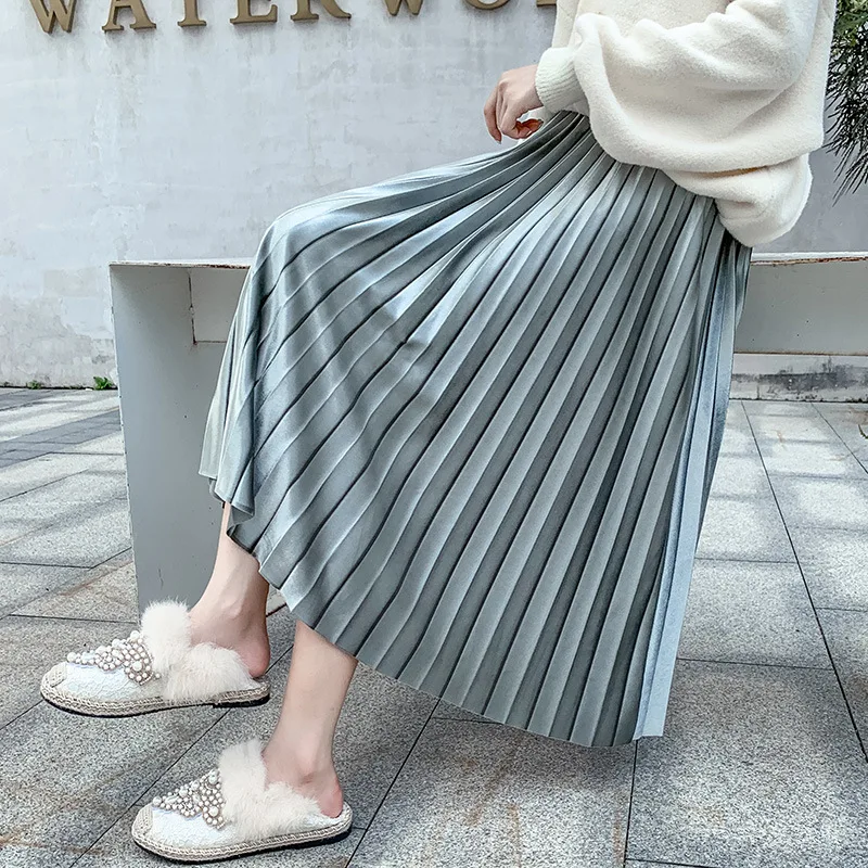 2019 осень и зима новый стиль корейский золото бархат складка юбка расширяемая