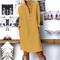 cotton linen shirt woman dress long sleeve casual mini solid color autumn vintage pocket dresses for women party