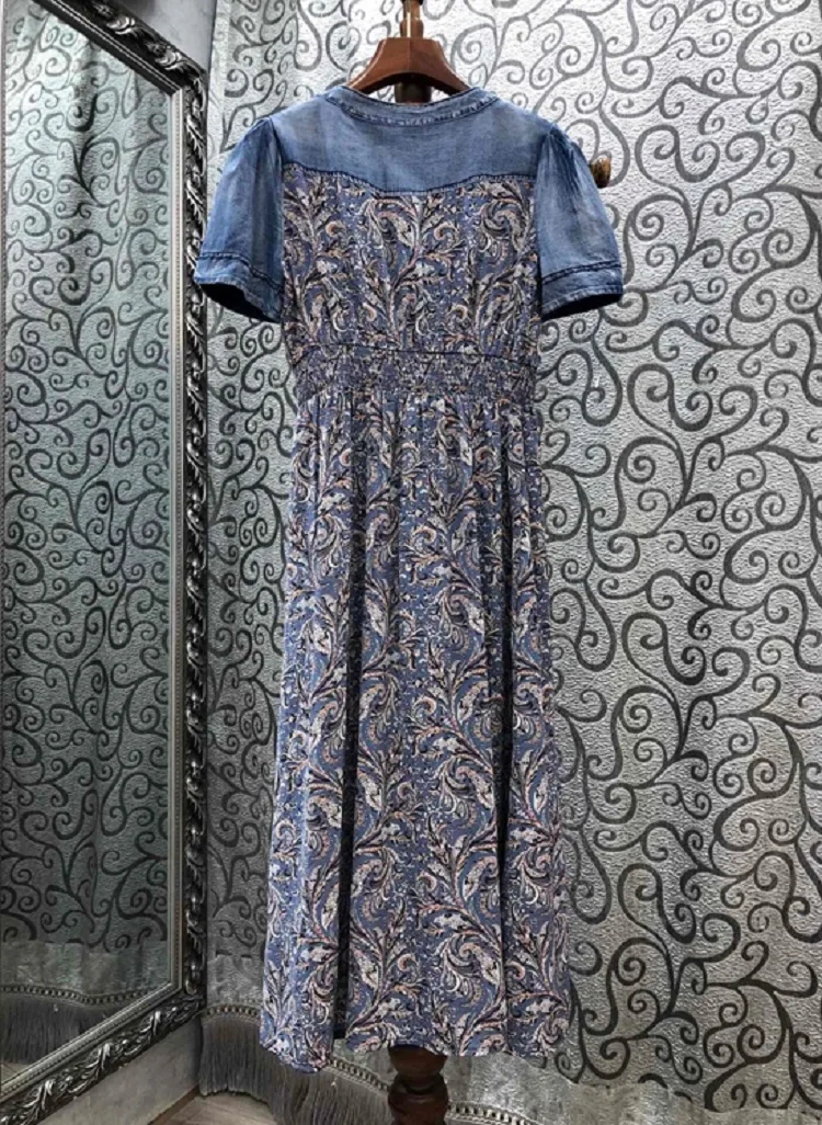 

High Quality Denim 2020 Summer Vestidos Women V-Neck Vintage Print Patchwork Short Sleeve Casual Washed Jeans Dress
