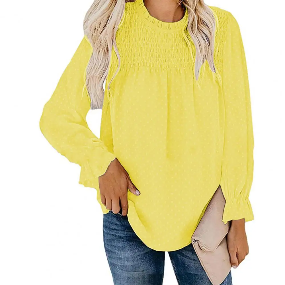 

2021 Autumn Top Lantern Long Sleeve T-Shirts Women Loose Hem Drawstring Polka Dot O Neck Women Autumn T shirts