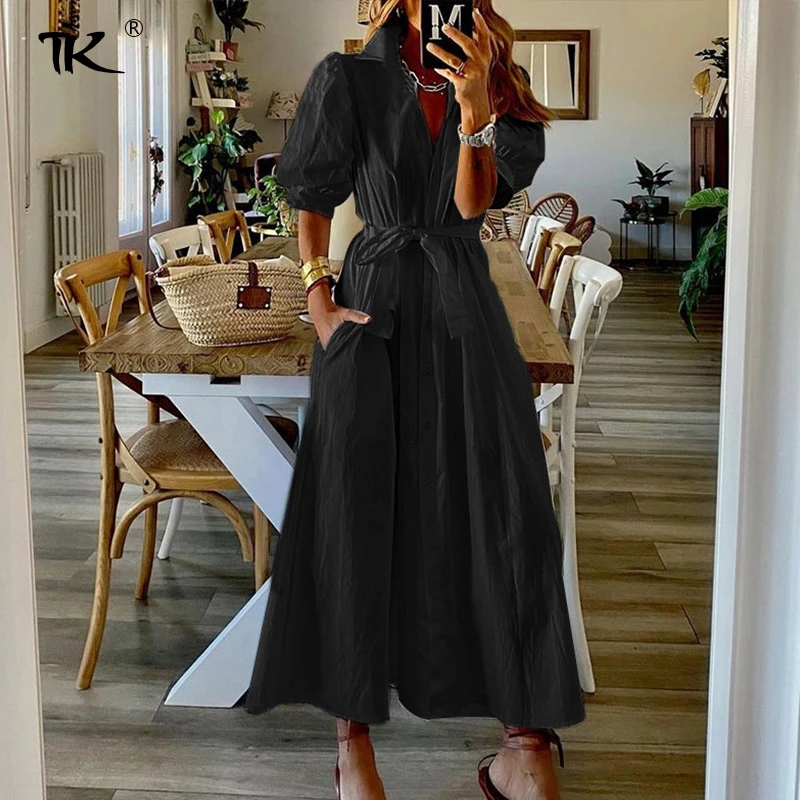 

Puff Half Sleeve Summer Dress Women Solid Sashes A-line Turn-down Collar Single Breasted Casual Midi Dresses For Women 2021