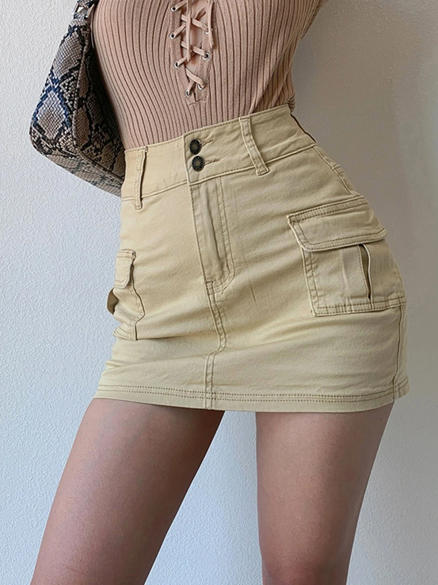 

TVVOVVIN plus size Blue American High Waist Slimming Side Pocket Workwear Denim Mini Skirt Sexy Tight Hip Big pocket Women RQTD