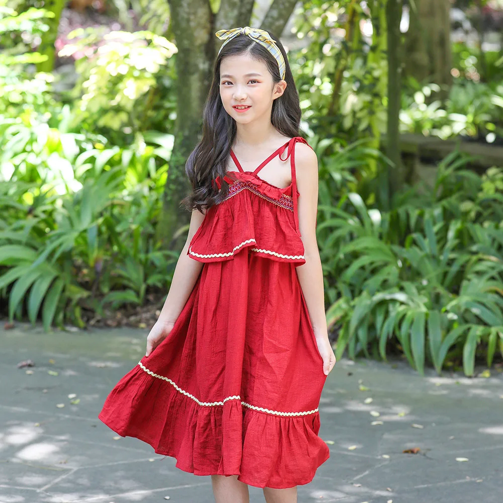 2020 Summer Flower Big Girl Dress Children Party Princess Clothes Sleeveless Long Dresses Red Pink Size 10 12 14 8 6 4 Years | Детская