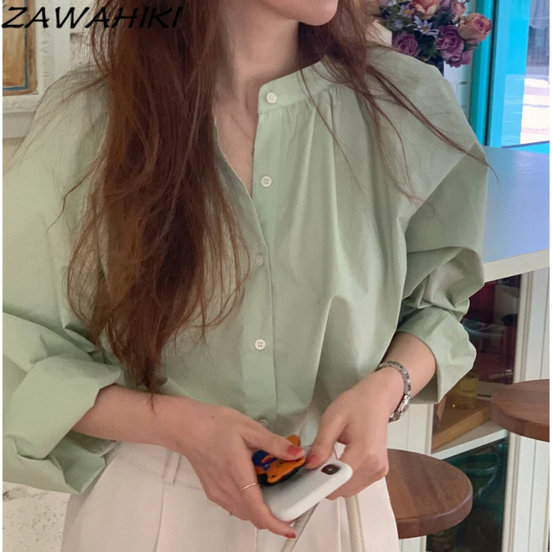 

ZAWAHIKI Korean Fashion Solid Shirts for Women O Neck Long Sleeve Elegant Tops Loose Casual Camisas De Mujer Button Up Shirts