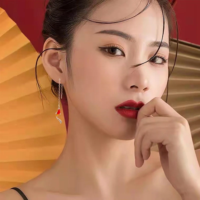 

Good Luck Koi Ear Line Lucky Red Goldfish 925 Sterling Silver Drop Earrings For Women Korean Fashion Jewelry Trendy Gift