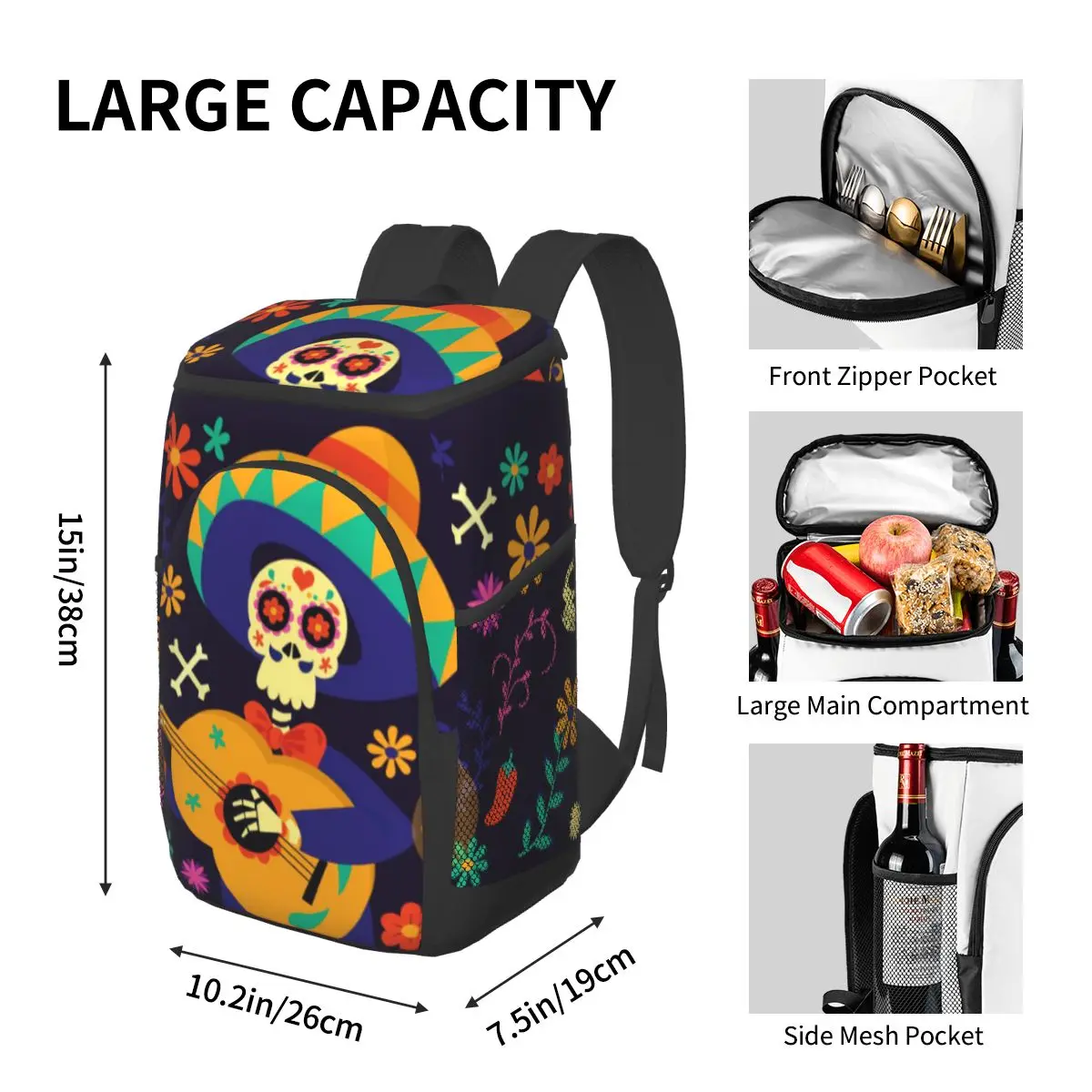 thermal backpack colorful skull dia de muertos waterproof cooler bag large insulated bag picnic cooler backpack refrigerator bag free global shipping