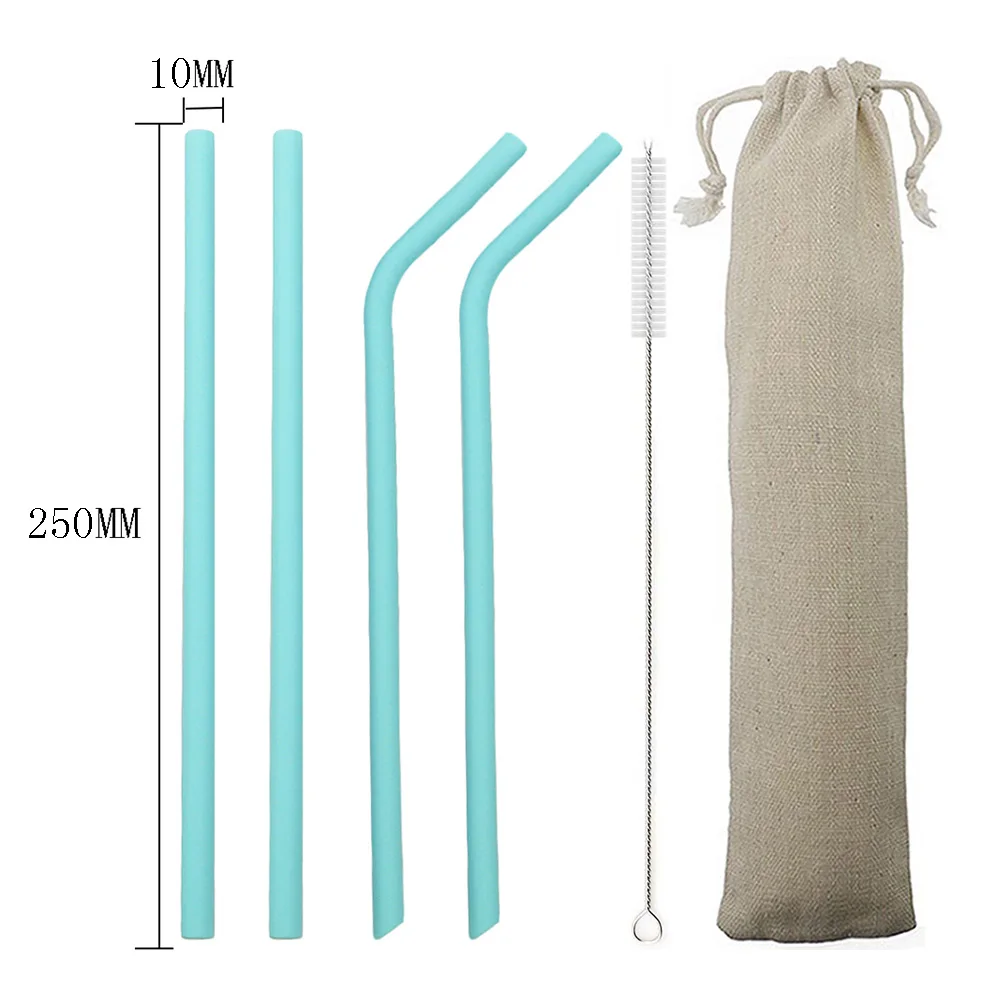 sky blue 250mm 6 шт./компл. красочное питье силиконовая трубочка набор 23 см 25 см пищевой соломинки для путешествий многоразовая солома с кистью сумка для хранения - Цвет: sky blue 250mm