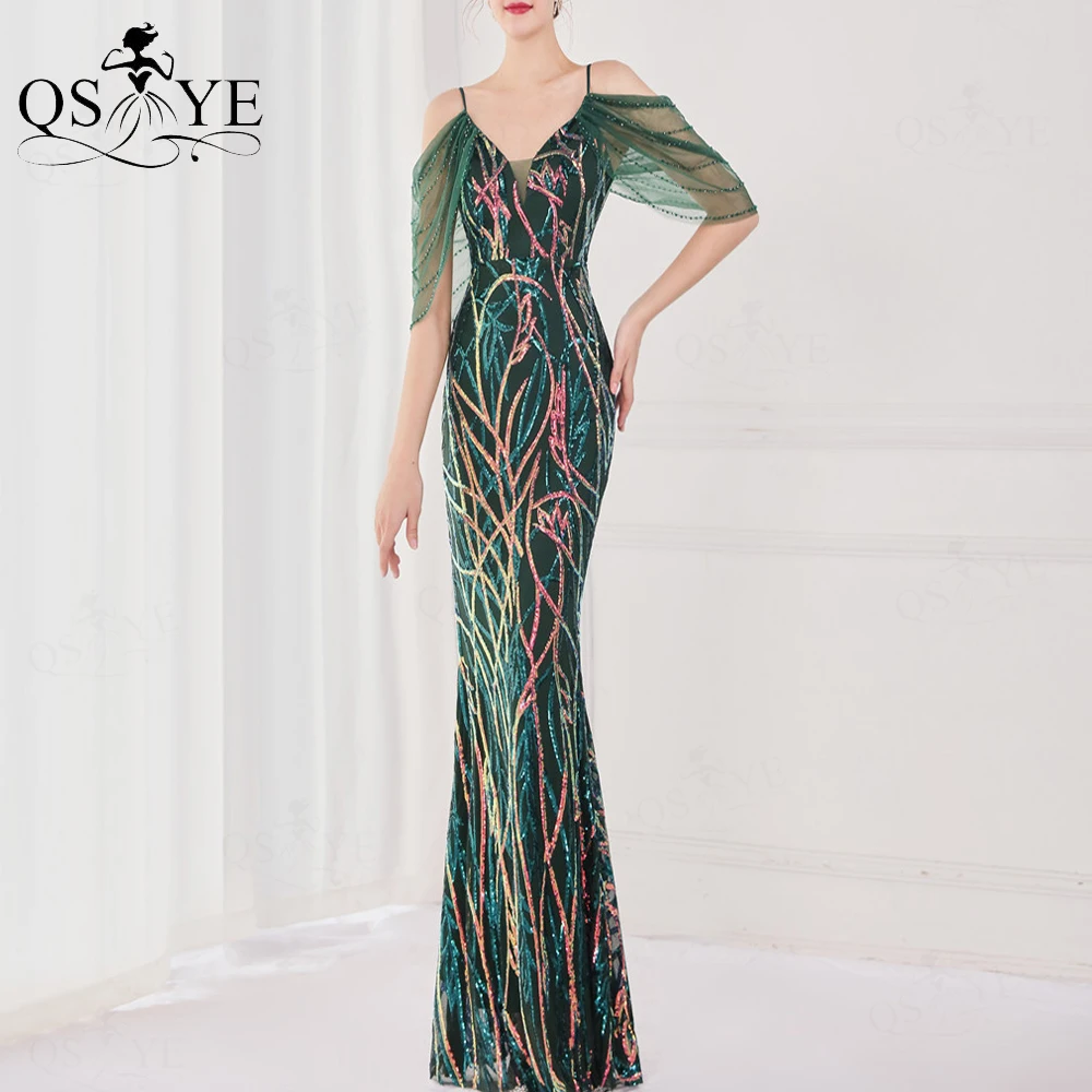 

Colorful Green Prom Dresses Mermaid Sequin V neck Evening Gown Spaghetti Straps Formal Party Bead Bat Sleeves Chic Elegant Gown