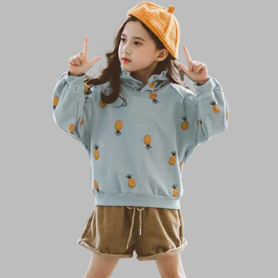 Весенняя одежда для девочек толстовки с капюшоном ананасовым узором + шорты