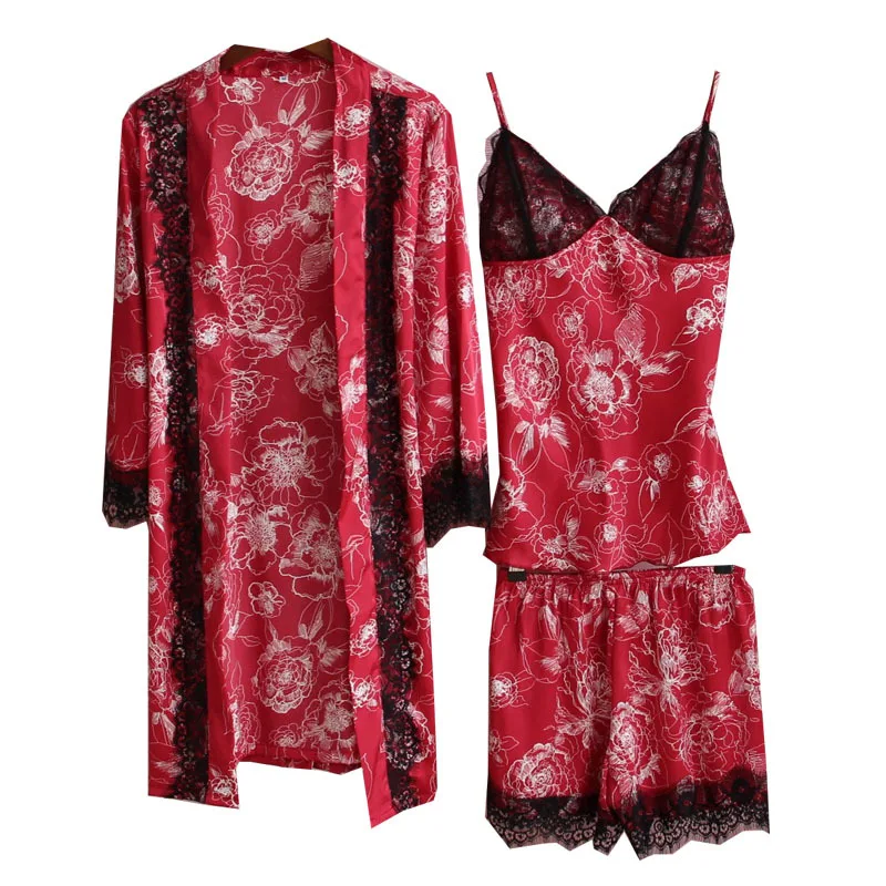 

Sleepwear Suit Chinese Style Print Flower Pajamas Set Female Summer Thin Silky 3PCS Nightwear Sexy Lace Trim Robe Kimono Gown