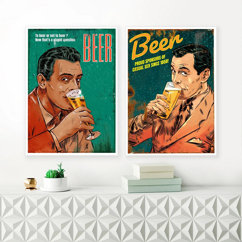 

Retro Canvas Painting Funny Man Drinking Beer Posters Prints Vintage Wall Art Pictures for Kitchen Bar Wall Decor Cuadros