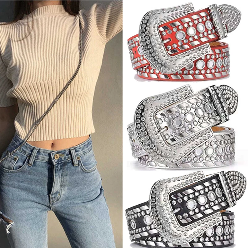 

Fashion Rhinestone belts Luxury Unisex Waist Strap Quality Cow Skin Belts for Women Metal Hollow Leather Belts For Women 2021