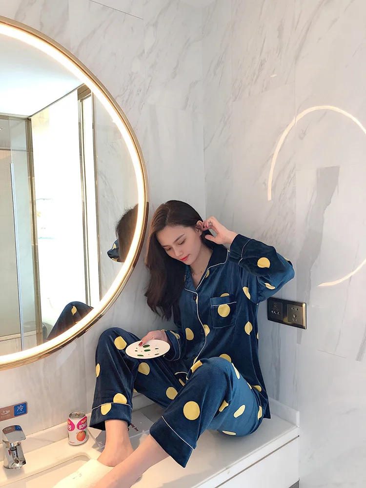 Autumn Winter Women Pyjamas Sets pajamas Sleepwear Suit Thick Warm Gold velvet nightgown Long sleeve casual dot pattern | Женская одежда
