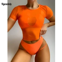 vigoashely orange mesh 3pcsset swimwear women sexy high waist neck bikini set 2021 swimsuit short sleeve bathing suit swim wear